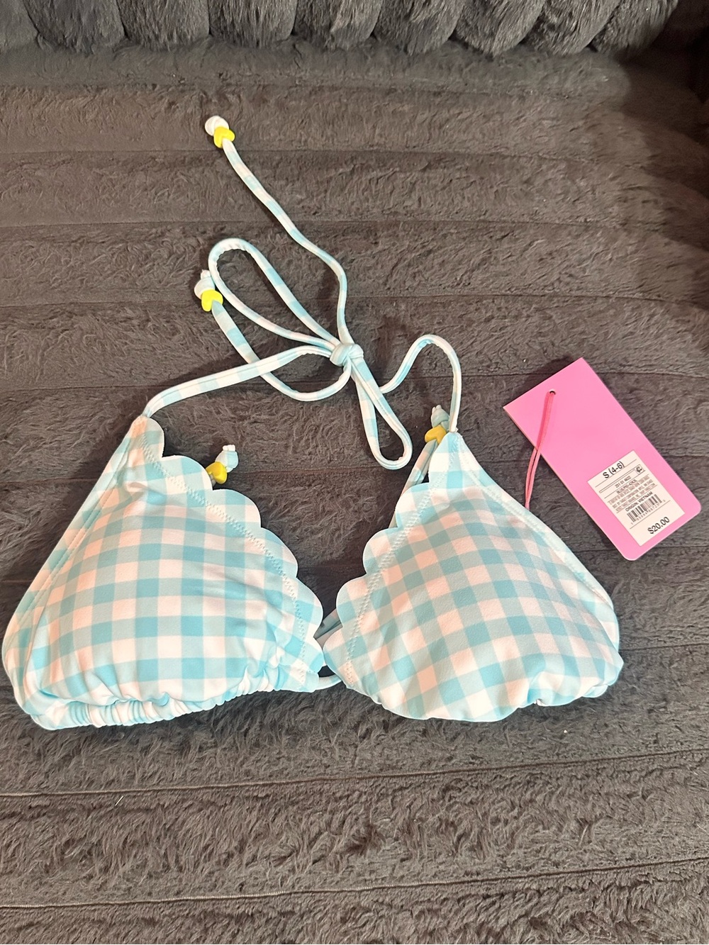 New Target Blue and White Gingham Scalloped Triangle Bikini Top size small